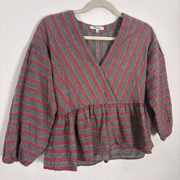 Madewell Grey with Red Striped V Neck 3/4 Sleeve V Neck Blouse Top Size Small - Picture 2 of 10